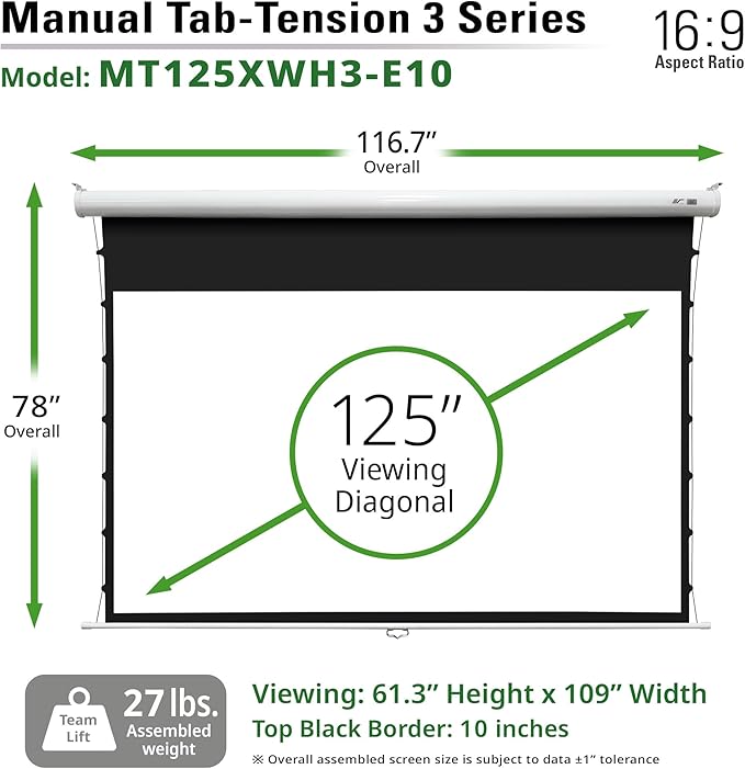 Elite Screens Manual Tab-Tension 3, 125-INCH with Extra 10" Drop, Pull Down Projector Screen Home Movie Gaming Presentations ISF Certified Premium CineWhite® P Material, MT125XWH3-E10