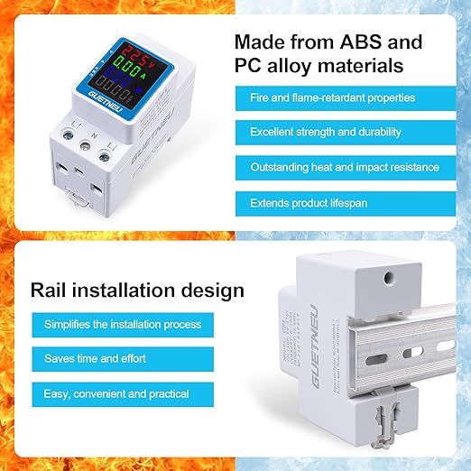 GUETNEU Color Digital Display Energy Meter Multifunction Tester Rail-Mounted Meter GT2P-E, 80270V AC, 0100A, 025KW, 50/60Hz. Measurement of Volts, Amps, Watts, Hertz, PF and Kilowatt-Hours