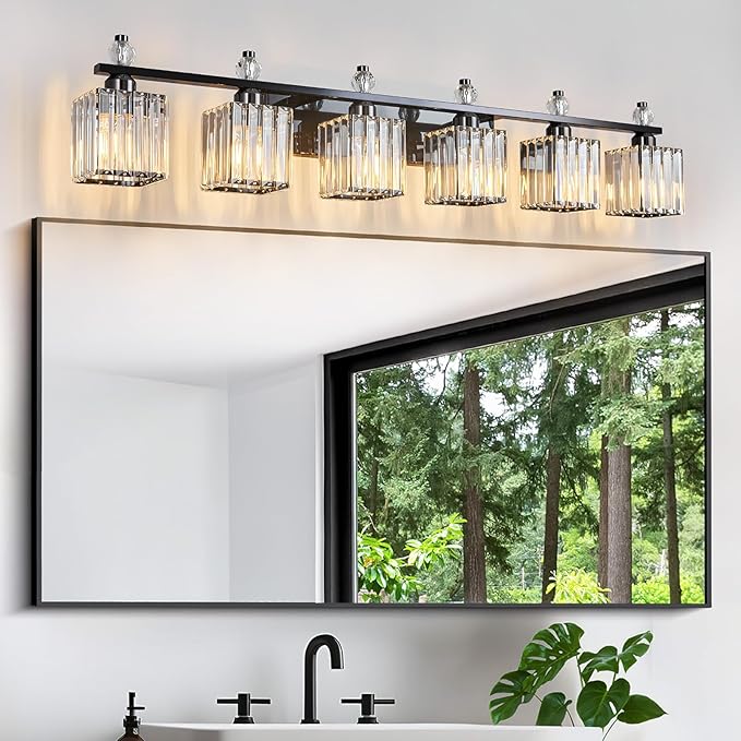 FDPBY Vanity Lights 6-Light Modern Crystal Vanity Light Plating Black Bathroom Light Fixtures Over Mirror Crystal Bathroom Vanity Lighting Fixtures