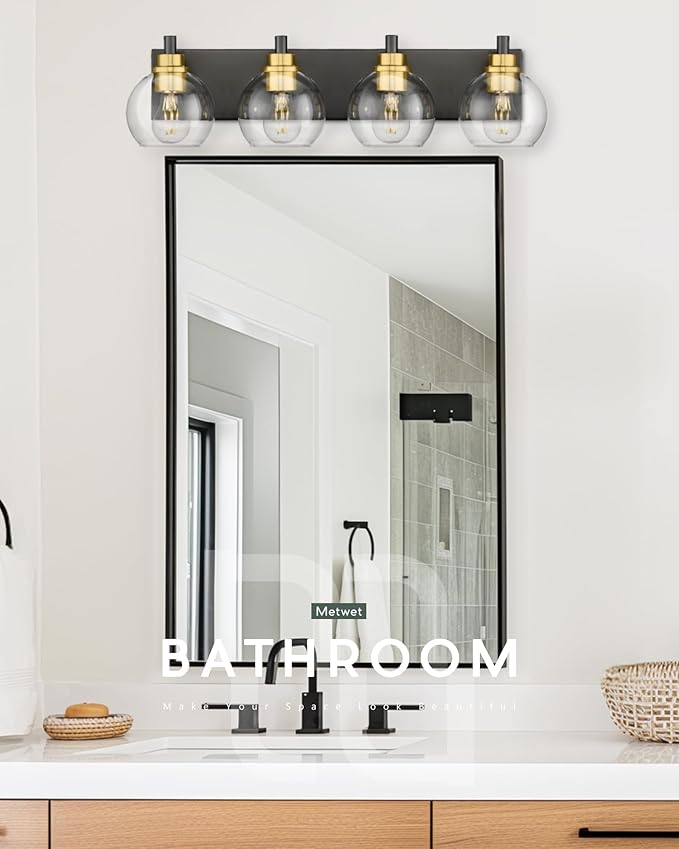 METWET Bathroom Light Fixtures, 4-Light Black and Gold Bathroom Vanity Light, 26 Inch Modern Wall Sconces with Globe Clear Glass Shade, Vanity Lighting Fixtures Over Mirror, VL195-KG-4
