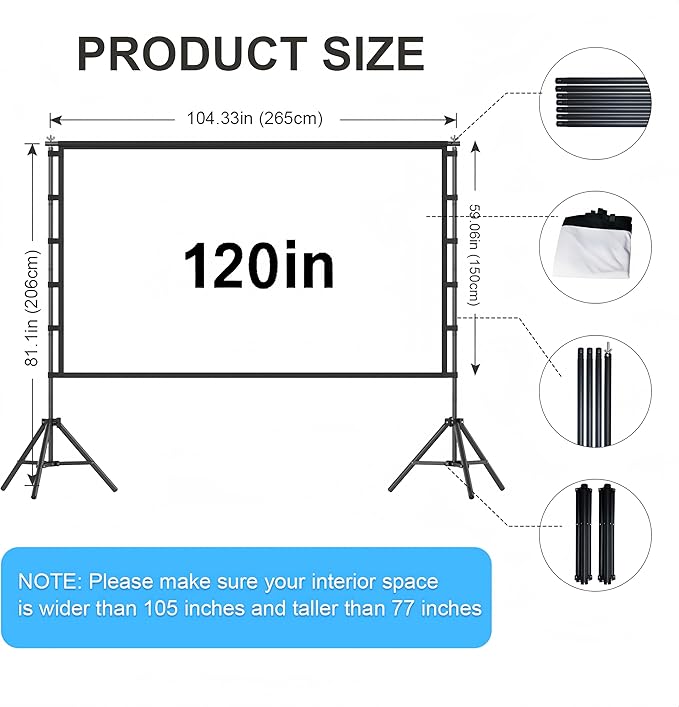 VntB 120 inch Projector Screen with Stand, Portable Outdoor Projection Screen Rear Front Movie Screen with Carry Bag Wrinkle-Free 16:9 4K Washable for Indoor Home Theater, Backyard Movie Night