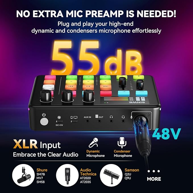 SINWE G1 Gaming Audio Mixer, RGB Audio Interface with Pro-preamp,Bluetooth, Streaming PC Mixer with XLR/48V Phantom Power for Live Streaming, Podcasting, Content Create, Gaming(Black)