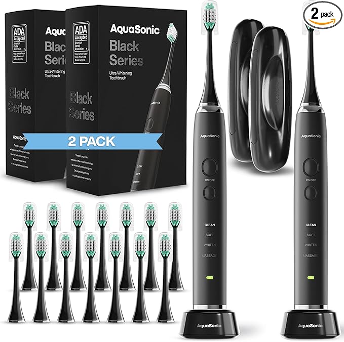Aquasonic Black Series Ultra Whitening Toothbrush – ADA Accepted Electric Toothbrush- 8 Brush Heads & Travel Case – 40,000 VPM Electric Motor & Wireless Charging - 4 Modes w Smart Timer (Pack of 2)