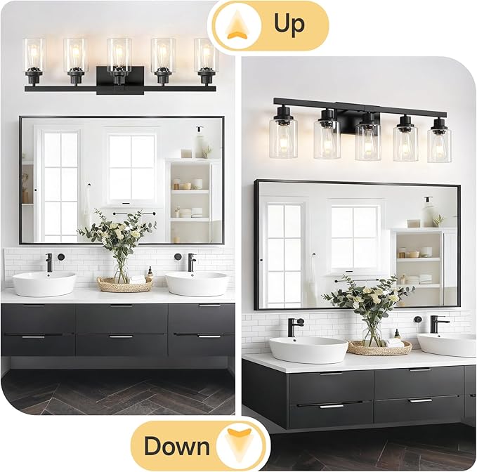 DIKAIDA 5-Light Black Bathroom Vanity Light, Modern Vanity Lighting Fixture for Bathroom, 31" Matte Light Fixture, Wall Sconces with Clear Glass Shade, Black Bathroom Wall Light Over Mirror