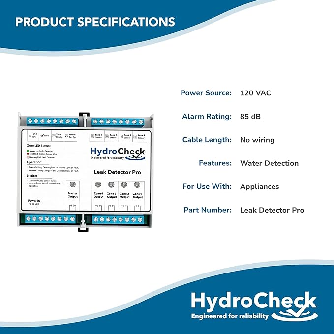 HydroCheck Automatic Water Shut Off System - Smart Leak Detection Device - Commercial Moisture Sensor Alarm - High Amp Load for Buildings & Office Space (Wiring Sold Separately)