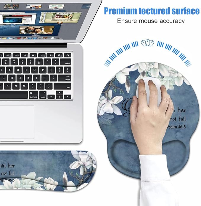 Keyboard Wrist Rest + Mouse Pad Wrist Support Set with Coasters, Non-Slip PU Base Ergonomic Mousepad for Home Office Working Studying Easy Typing & Pain Relief, Quote Bible Verses Psalm 46:5