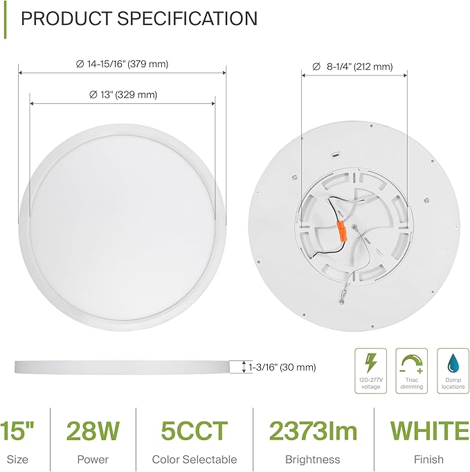 ASD LED 15" Round Flush Mount Ceiling Light Fixture, Low Profile Surface Lighting | 5CCT, Dimmable, Ultra-Thin, ETL Listed | 28W 2300LM 2700-6000K 100-277V | Kitchen, Bedroom, Hallway Lamp | White