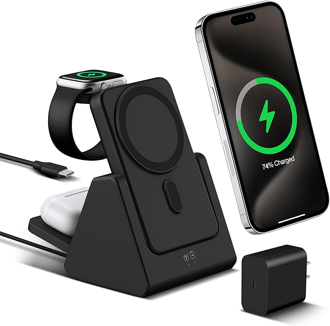 Smtcsl 3-in-1 Wireless Charging Station: Portable 5000mAh Power Bank Charger Compatible for Phone Air/17/16/15/14/13/12 Series and Watch - Detachable Magnetic Charging Stand Black