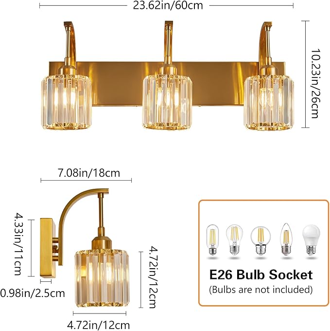 FDPBY 3-Light Crystal Vanity Light, Modern Gold Bathroom Wall Sconce with K9 Crystal Shades, 23.62" Long Over Mirror Lighting for Vanity, Makeup, Hallway, Elegant & Durable