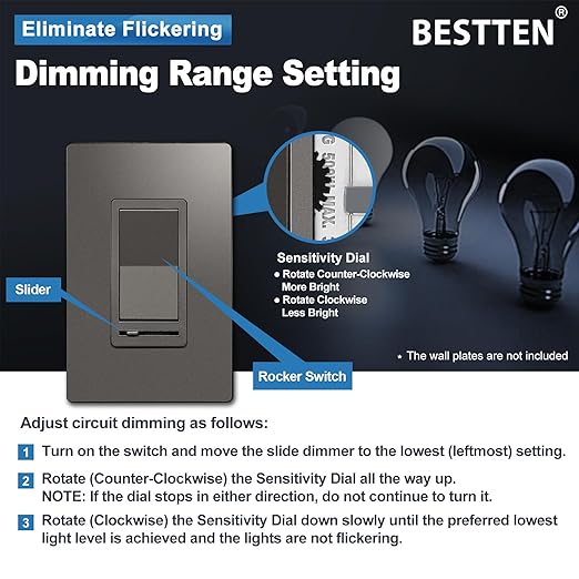 BESTTEN Matte Brown Dimmer Wall Light Switch, Single Pole or 3-Way, Compatible with Dimmable LED, CFL, Incandescent and Halogen Bulb, 120VAC, UL/cUL Listed
