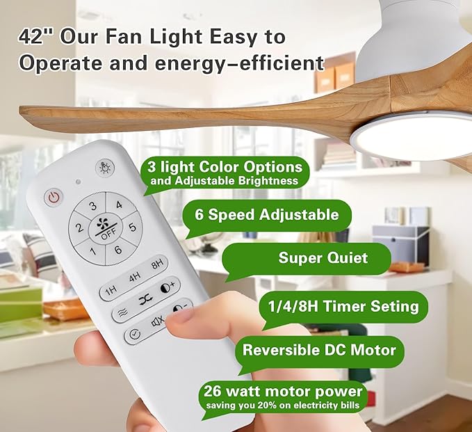 Gaizw 42 Inch Low Profile Ceiling Fans with Lights and Remote, Flush Mount Ceiling Fan with Light, 3 Blades Solid Wood Easy Installation for Living Room, Bedroom, Farmhouse, Indoor