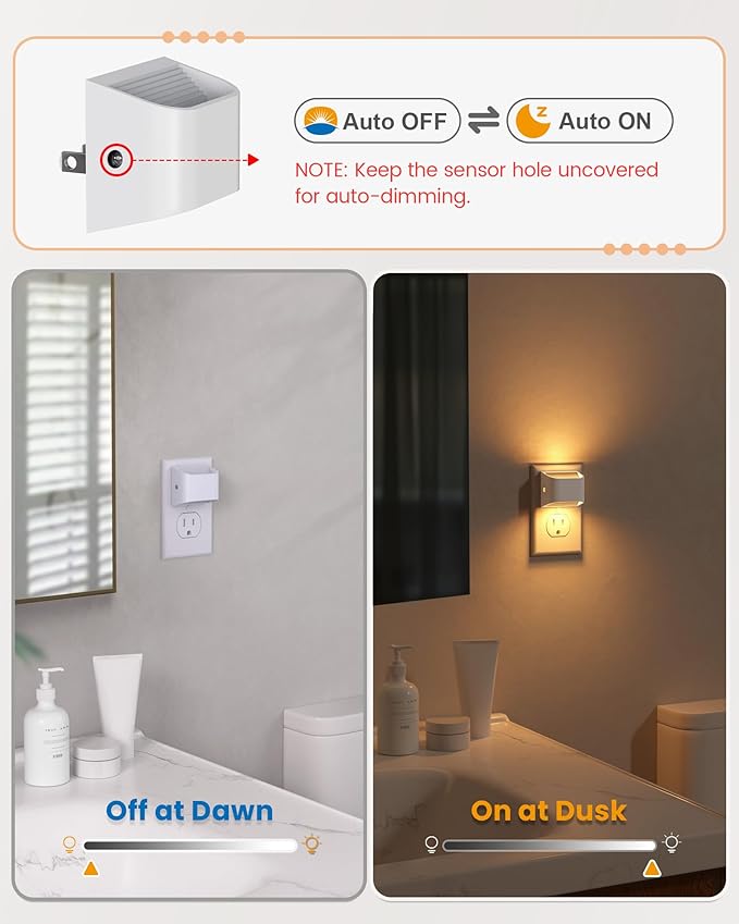 NIORSUN Plug in Night Light, Auto Brightness Sensor Night Light, 3000K Warm White, Ultra-Slim Wall Light for Hallway Bathroom Bedroom Stairs, White, 8 Pack