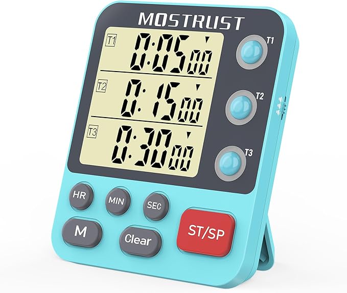 MOSTRUST Digital Dual Kitchen Timer, 3 Channels Countdown Triple Timer for Cooking, Magnetic Memory-Preset Large-Display Adjustable Alarm Volume, Multi Times Management, 3A Battery Included, Blue