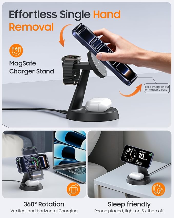 3 in 1 Magnetic Charging Station for Apple Devices, 15W Fast Wireless Charger Compatible with MagSafe Charging Stand Dock for iPhone 17 16 15 14 13 12, Watch Charger Stand for Apple Watch & Earbuds