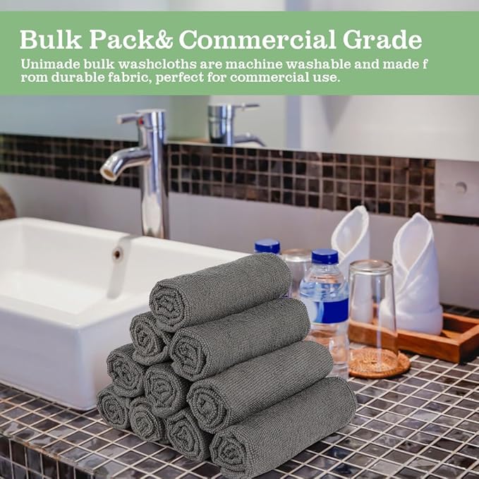 UNIMADE Washcloths - 20 Pack - Face Towels (12" x 12"), Highly Soft Wash Cloths and Hand Towels, Fast Drying Multi-Purpose Microfiber Cleansing Cloths for Bathroom, Hotel, Spa, and Salon - Grey