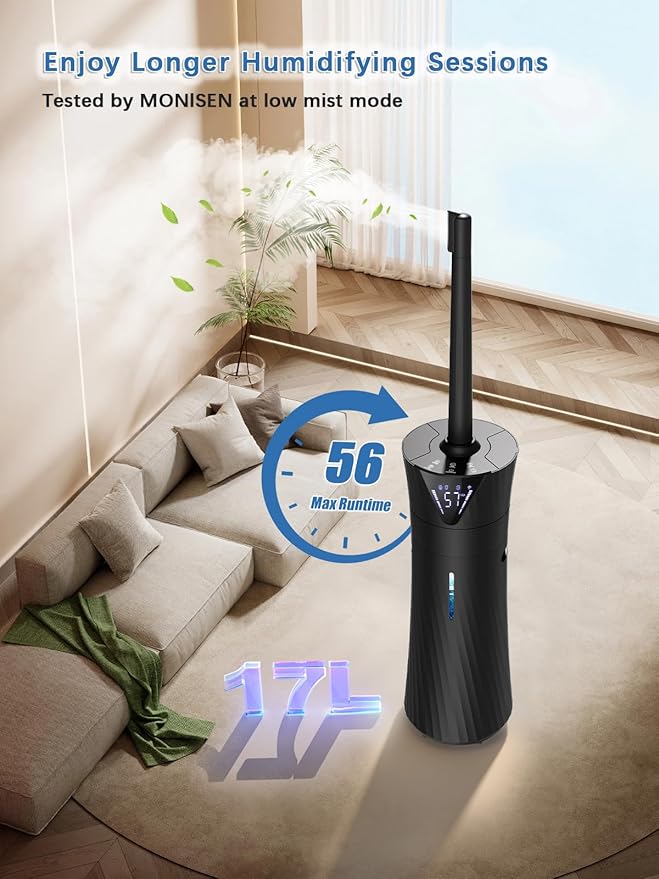 MONISEN 17L/4.5Gal Humidifier Large Room, Smart Quiet Ultrasonic Cool Mist Humidifiers for Bedroom, Covers 2000ft², 56H Runtime, 24H Timer, 3 Mist Modes Humidifiers for Home, Office, Plants, Black