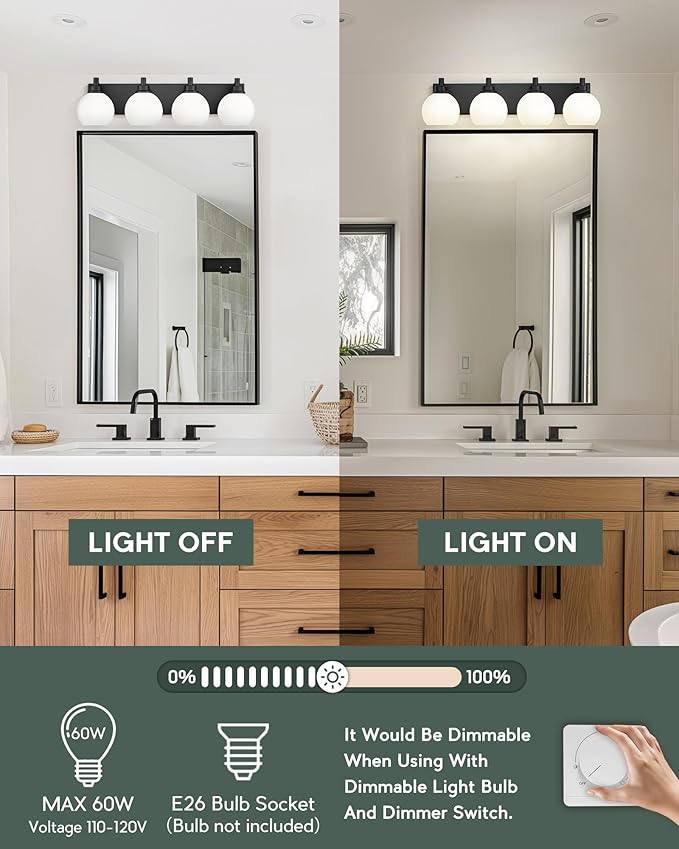 METWET Bathroom Light Fixtures, 4 Light Matte Black Vanity Light, 26 Inch Modern Wall Sconces with Globe Milk White Glass Shade, Vanity Lighting Fixtures Over Mirror, VL195-MB-ML-4