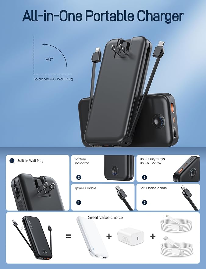 Nusyddy 22.5W Super Fast Charging Portable Charger with Wall Plug,12000mAh USB-C Power Bank Built-in 2 Cable, Lightweight Phone Charger Travel Battery Pack for All iPhone, Samsung, Tablets