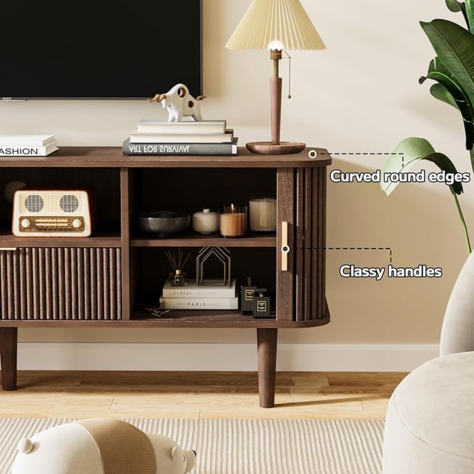 DAMCROP Fluted TV Stand, 55 Inch Mid Century Modern Media Console Table with Sliding Tambour Door Farmhouse Sideboard Buffet Cabinet Fits TVs up to 75 inch, Wood Entertainment Center for Living Room