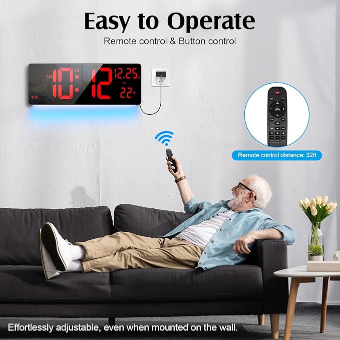 Xflyee 16.5" Large Digital Wall Clock with RGB Night Lights, Auto Dimmer, Remote Control, Date, Indoor Temperature, DST