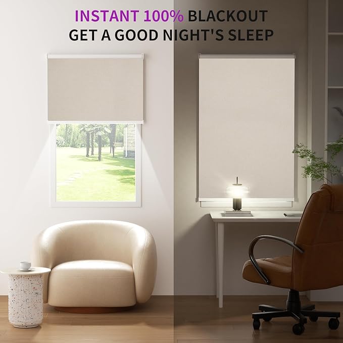 Astomi Motorized Blinds with Remote - Blackout Smart Roller Shades Compatible with Alexa & Goggle Home, Solar Rechargeable, Custom Size 22" - 100" for Indoor Window, Linen