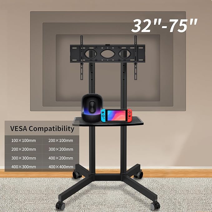 Solid Grace Rolling TV Stand with Power Outlet for 32-75 Inch TVs up to 88lbs, Portable TV Stand with Shelf, Mobile TV Cart for Living Room, Office, Meeting Room, Outdoor(with Power Outlet+Shelf)