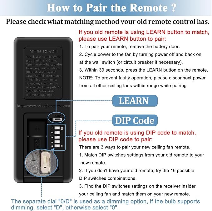 3 Speeds Ceiling Fan Remote Control for Hampton Bay, Works with Home Decorators Collection Hampton Bay, Replcement for TX028C-S, TX028C-L, Light Dimmer, 5 DIP Switches & Learn (Remote ONLY)