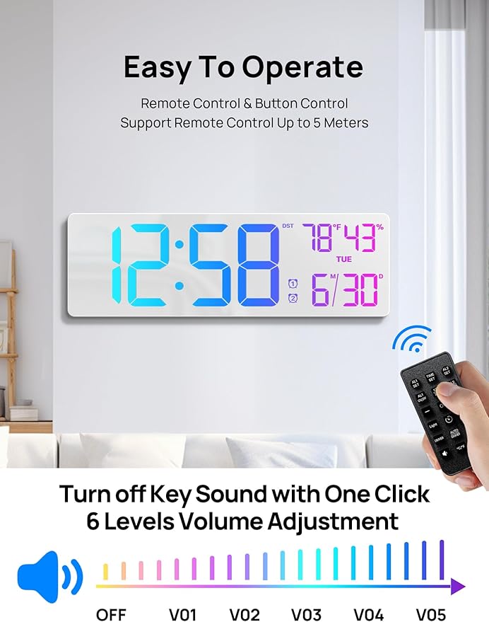 18.5" Large Digital Wall Clock with Remote Control, Big LED Display Digital Clocks with Night Light, Alarm, Countdown, DST, Temp, Date for Living Room, Bedroom, Office, Gift for Seniors(White)