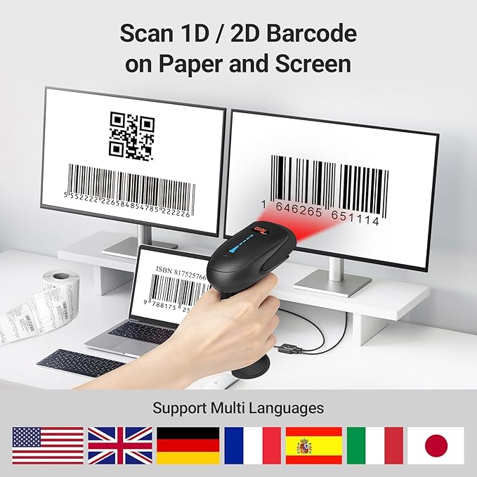 Tera Barcode Scanner Wireless 1D 2D QR with Stand: Battery Level Indicator 3 in 1 Works with Bluetooth 2.4G Wireless USB Wired Handheld Bar Code Reader with Vibration Alert HW0002 Black
