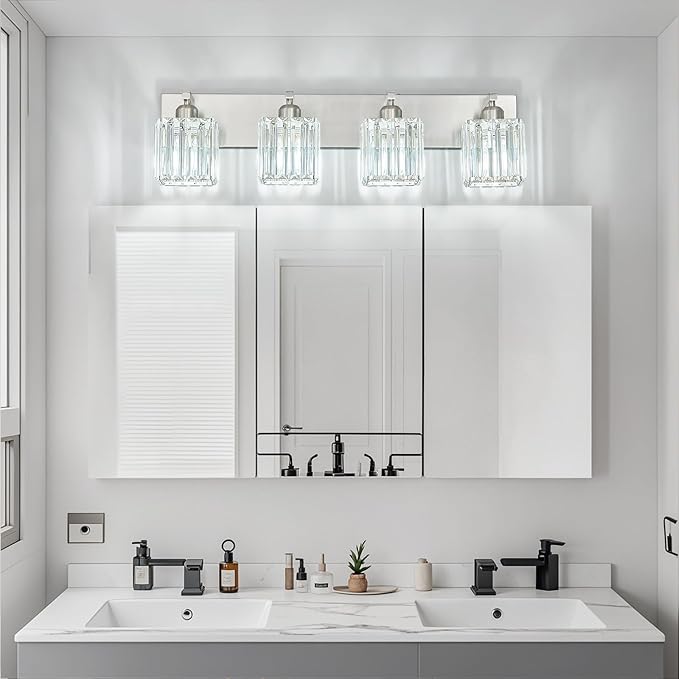 FDPBY Modern Vanity Light 4-Lights Brushed Nickel Vanity Light Crystal Bathroom Wall Light Bathroom Light Fixtures