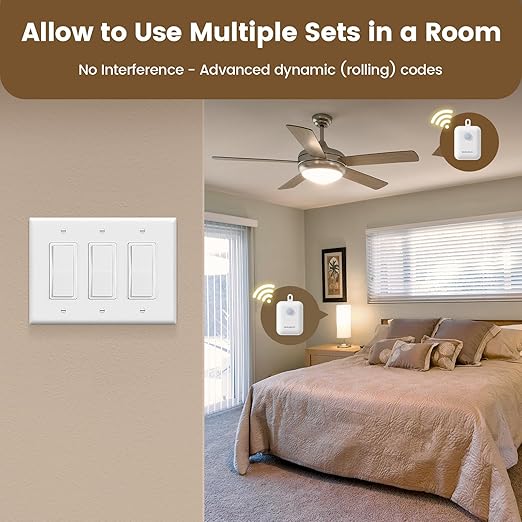 SURAIELEC Wireless Light Switch & Receiver Kit, 15A RF Remote Control Wall Switch, 100ft Range, Push-in Terminal Wiring, Expandable, Ultra-Thin Mini Size, Quick Installation (Neutral Wire Required)