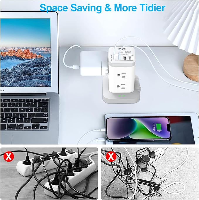 BEVA Surge Protector Tower with 8 AC & 4 USB(USB-C) Ports, 6.5 FT Extension Cord - Charging Station for Office & Dorm Room