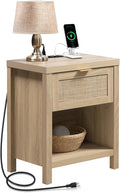 SICOTAS Night Stand with Charging Station - Rattan Nightstand with Type-C and USB Ports, Farmhouse Boho Bed Side Table with Drawer and Open Shelf for Bedroom Small Space, Light Oak