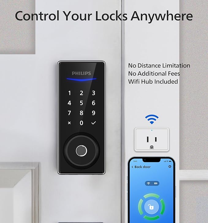 Philips Wi-Fi Smart Door Lock, Keyless Entry Door Lock with App Control,Fingerprint ID,Auto Lock,Keypad Deadbolt with Wi-Fi Bridge Adaptor,Smart Locks for Front Door-Satin Nickel