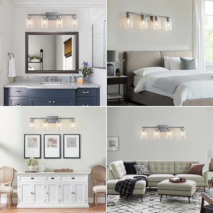 SOPEAS 4 Light Bathroom Light Fixtures, Brushed Nickel Modern Bathroom Vanity Light with Clear Glass Shade, Bathroom Lighting Fixtures Over Mirror, Vanity Lights for Bathroom Mirror