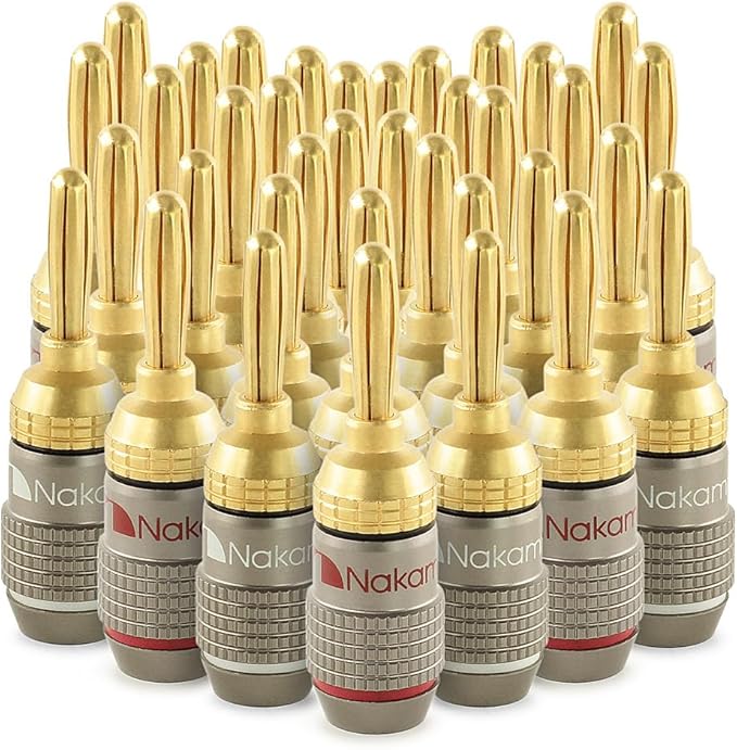 Nakamichi FanLock Excel Series 24k Gold Plated Banana Plugs 10 AWG - 18 AWG Gauge Size 4mm for Speakers Amplifier Hi-Fi Stereo Home Theatre Radio Audio Wire Cable Quick Connector, 36 Pcs (18-Pairs)