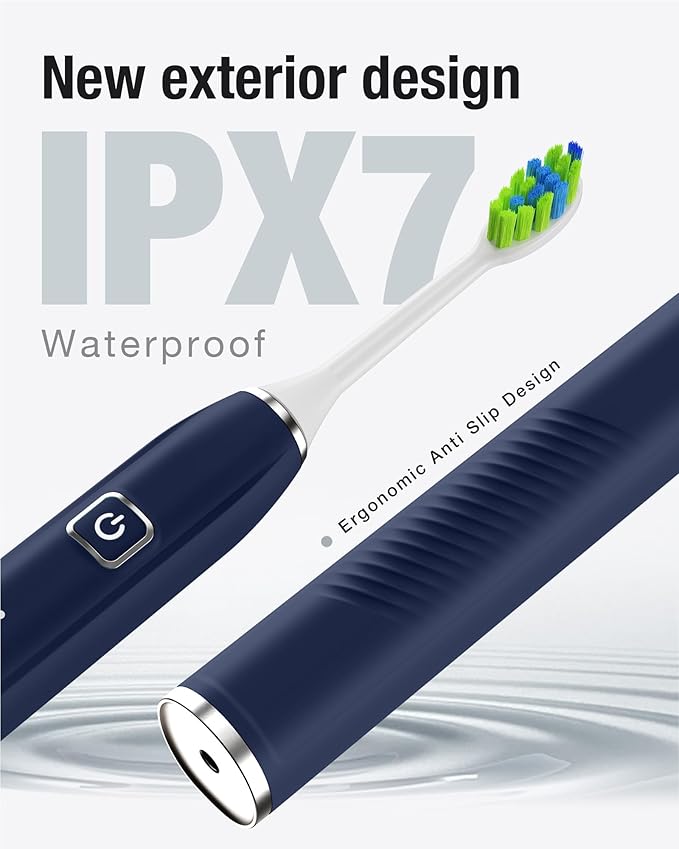 7AM2M Sonic Electric Toothbrush with 6 Brush Heads for Adults and Kids, One Charge for 120 Days, Wireless Fast Charge, 5 Modes with 2 Minutes Built in Smart Timer, Electric Toothbrushes (Navy Blue)
