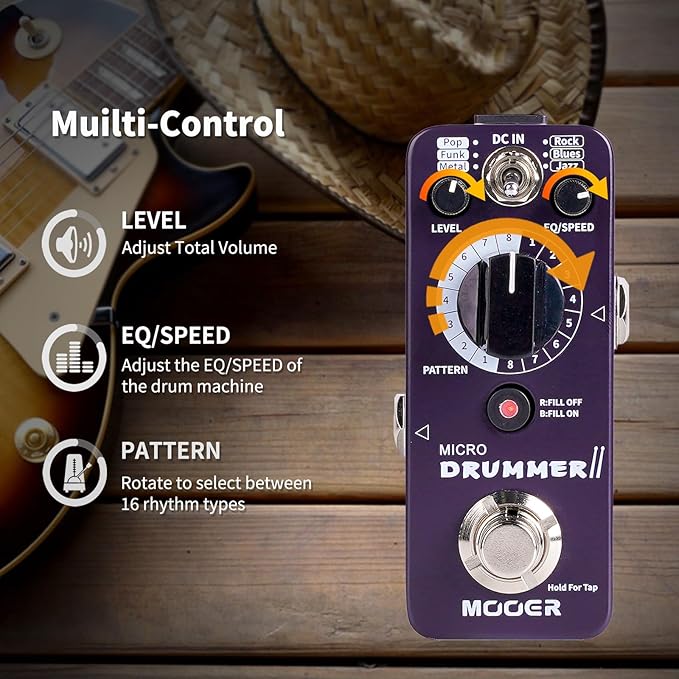 MOOER Micro Drummer II Guitar Drummer Pedal Drum Machine Effect with FILL Function, 48 Drum Grooves, and 6 Music Style Per 8 Different Rythem, With EQ, Tap Tempo for Electric Guitar