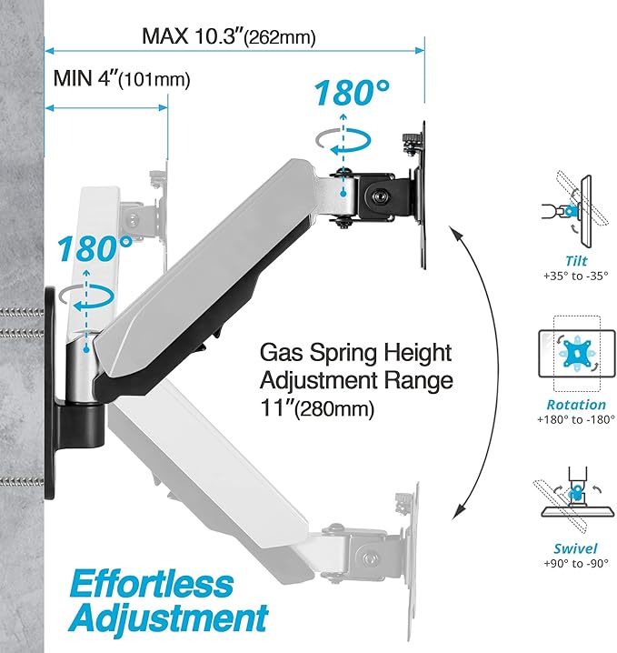 AVLT Single 32" Monitor Wall Mount - Fits One Flat/Curved Monitor, Full Motion Height Swivel Tilt Rotation Adjustable Arm - VESA/Cable Management