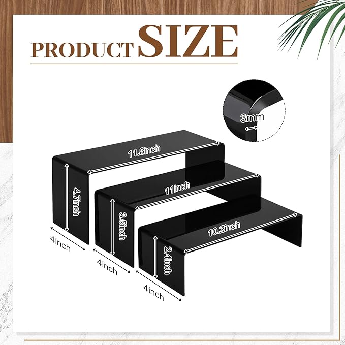 Chuangdi 2 Sets Acrylic Display Risers, Product Stand, Jewelry Display Riser Shelf Showcase Fixtures for Dessert Cupcake Candy Figure Treat Action Showcase (Black,Extra Large Set)