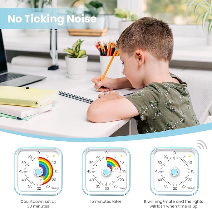 InfPokid Visual Timer for Kids with Pause Function, Cute Silent Timer with Rainbow for Classroom, Teaching, Task, Kitchen, 60 Minute Countdown Time Management for ADHD (Rainbow Blue)