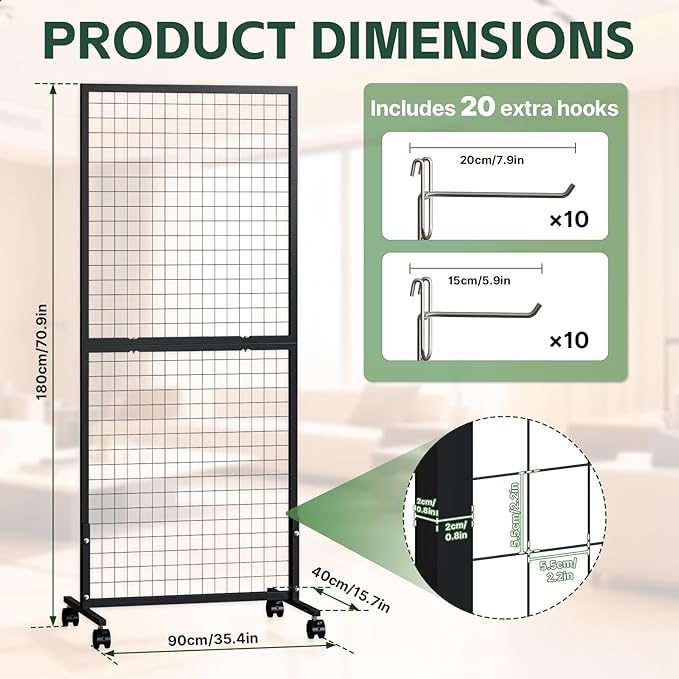 Maeklon 3 Pack Grid Wall Panel Rack, 3x6 Ft Metal Gridwall Display Stand with T-Base Wheels, Heavy-Duty Mobile Freestanding Racks with 20 Grid Hooks, for Retail Store, Craft Show, Boutique, Black