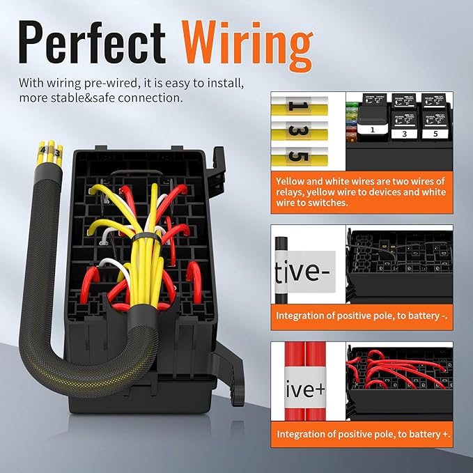 Fuse Box 12V Relay Box 6 Way Automotive Waterproof Relay Fuse Box Pre-Wired Relay Panel with 6 Relays and 6 ATC/ATO Blade Fuses for Car Truck Jeep Boat