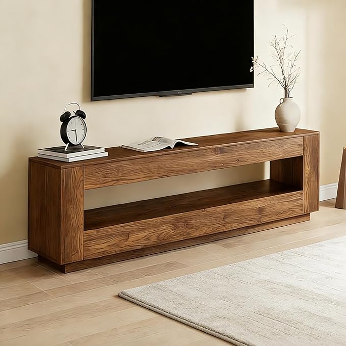 LITTLE TREE 70.86-in Extra Long Solid Wood TV Stand for 55/65/75/80 inch TV, 2-Tier Entertainment Center, Media Console Table with Storage Shelf, TV Stands for Living Room, Bedroom, Chestnut