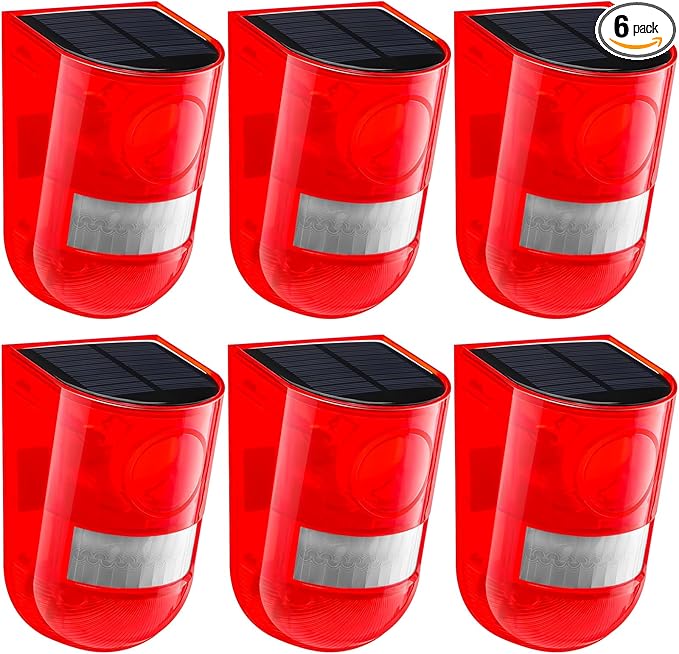 Qualirey 6 Pack Solar Sound and Light Alarm Motion Sensor 129db Outdoor Security Siren Waterproof Motion Activated Detector Alarm 6 LEDs Flash Warning Strobe System for Home, Farm (Red)