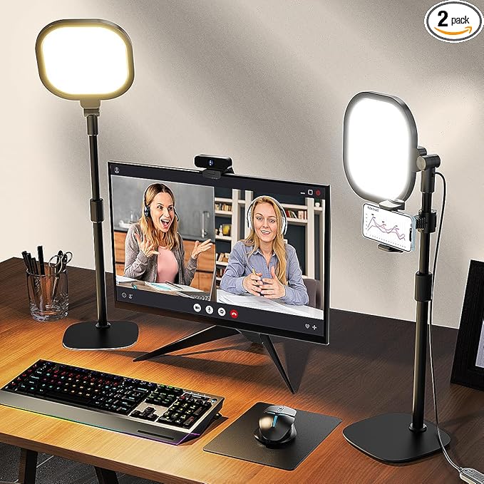 LitONES 2Pcs Desktop Video Conference Lighting for Zoom Meeting, Computer, Laptop, Work from Home with Nature Soft Light, Adjustable Brightness & Color Temp and Flexible Stand & Versatile Phone Holder