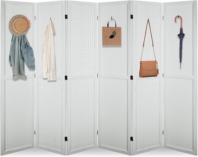 ECOMEX 6 Panel Room Divider, 5.6Ft Pegboard Display Wooden Room Divider Folding Privacy Screen Room Divider Freestanding Peg Board Display for Trade Show Craft Show Home Wall Organizer, Elegant White