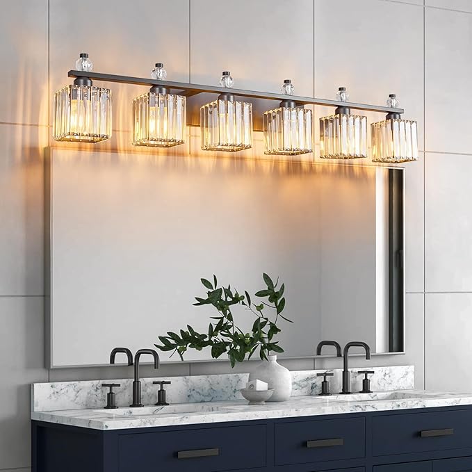 FDPBY Vanity Lights 6-Light Modern Crystal Vanity Light Sand Black Bathroom Light Fixtures Over Mirror Crystal Bathroom Vanity Lighting Fixtures