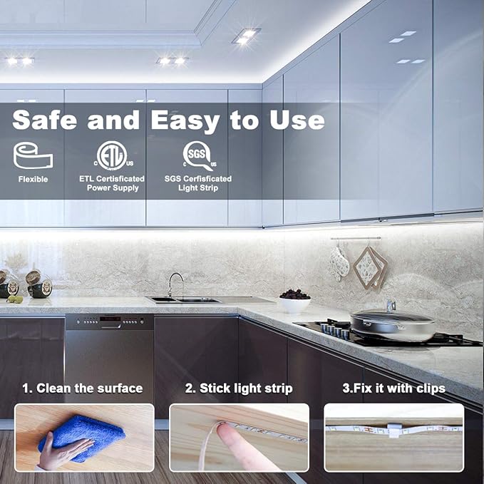 MY BEAUTY LIGHT LED Strip Lights White,65.6ft Dimmable LED Light Strip with RF Remote,1200 Bright 6500K 2835 LEDs,Plug-in Adhesive Rope Lights with Timing Mode for Living Room Bedroom Kitchen