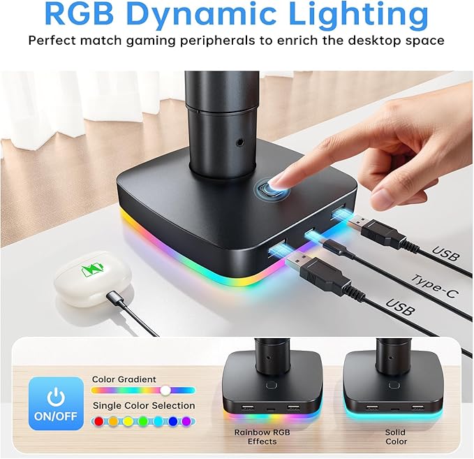 RGB Single Monitor Stand, Gas Spring Monitor Arm with 3 USB Ports, Charging and USB Data Transfer Function, Desk Mount for 13"-32" Monitors up to 19.8lbs, Adjustable Height, Tilt, Swivel, Rotate